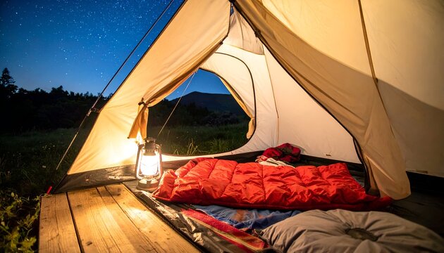 Cozy camping scene inside a tent at night with a glowing lantern and sleeping bags under a starry sky