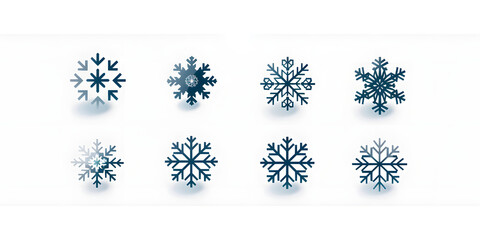 Collection of stylized snowflake icons presents diverse winter-themed designs, each featuring intricate geometric patterns and subtle blue-green color gradients against a bright white background,...
