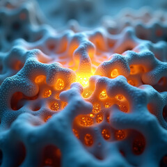 An organic 3D form reminiscent of coral, glowing from within thanks to a combination of warm and cool tones.