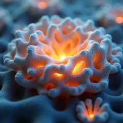 An organic 3D form reminiscent of coral, glowing from within thanks to a combination of warm and cool tones.