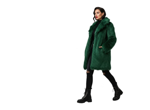 A woman in a green fur coat stands confidently in the middle of the image, against transparent background