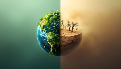 Planet split into vibrant forest and dry desert with orange haze symbolizing climate crisis, environmental degradation and ecological awareness