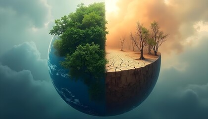 Planet split into vibrant forest and dry desert with orange haze symbolizing climate crisis, environmental degradation and ecological awareness
