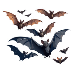 Naklejka premium a realistic group of bats flying in formation, detailed wings and textures, sharp focus, soft lighting, natural shadows, isolated on white background, high-resolution studio lighting, photorealistic