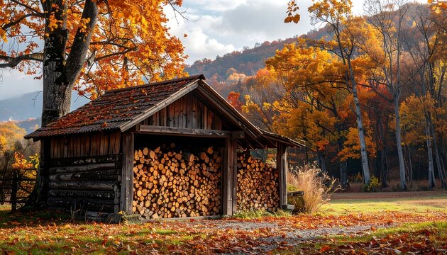 Rustic wooden shed filled with firewood amidst vibrant autumn foliage