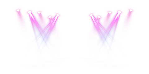 Stage lighting illuminates a dark stage. Pink spotlights direct focused beams onto a flat, dark...