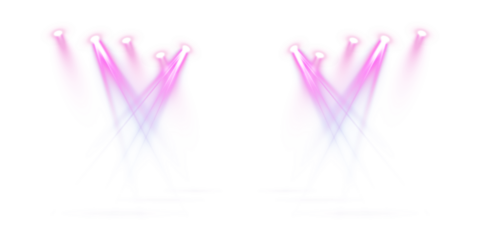 Stage lighting illuminates a dark stage. Pink spotlights direct focused beams onto a flat, dark surface with a transparent background.