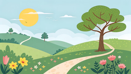 Obraz premium Serene landscape with rolling green hills, a winding path, a lone tree, and blooming flowers under a bright sun