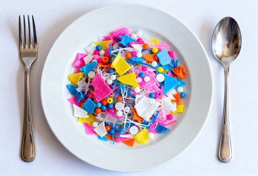 Colorful plastic shards and microbeads on a white plate symbolizing microplastic pollution in food and its impact on health, ecology and sustainability