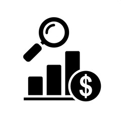 Magnifying glass over bar graph with dollar coin, signifying financial analysis and economic growth