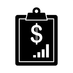 Simple black and white glyph icon representing a financial report, business analytics, investment performance, and economic summary on a clipboard