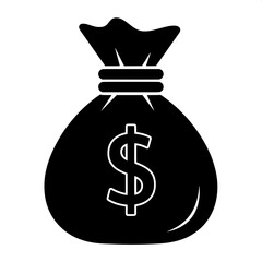 Simple black silhouette of a money bag with a dollar sign. A vector icon representing finance, currency, wealth, and savings