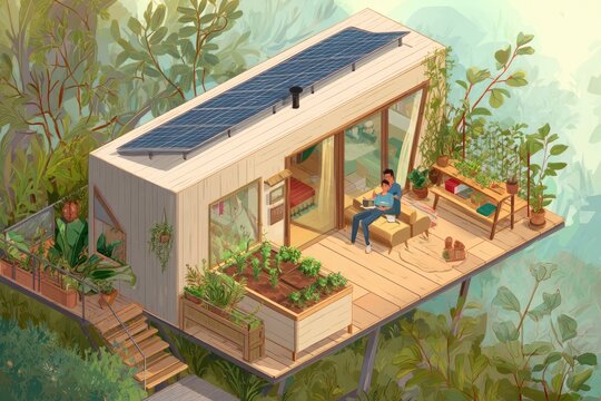 Lifestyle illustration Eco-friendly sustainable lifestyle in a tiny house surrounded by nature solar panels vegetable garden wooden interiors morning mist