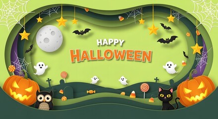 Happy Halloween celebration with pumpkins, ghosts, bats, and a charming owl, set against a whimsical backdrop of stars and a full moon for a festive atmosphere