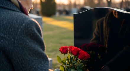 Mourning Roses A Woman's Quiet Grief at a Cemetery, Placing Flowers on a Gravestone