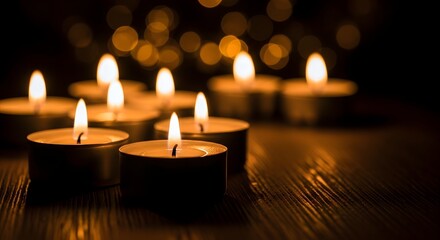 Softly glowing memorial candles casting warm light on a wooden surface with blurred bokeh lights in the background