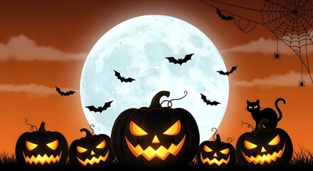 Spooky Halloween Night with Jack-o'-lanterns and Bats under a Full Moon