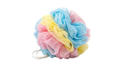 Colorful bath pouf resting on a clean surface in a bright setting for personal care on a...