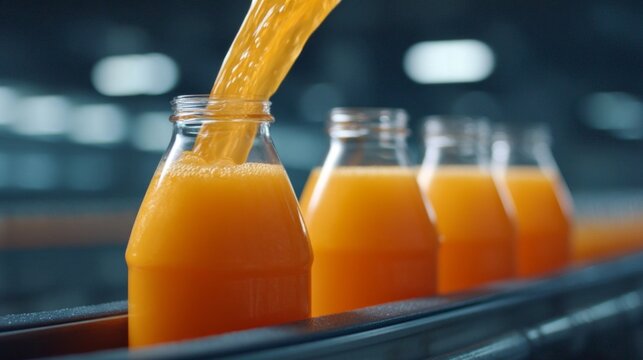 A bright, golden stream of fresh orange juice is being poured into glass bottles at a busy processing facility. The scene captures the essence of juice production with vibrant colors