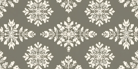 Decorative symmetrical pattern featuring repeating geometric snowflake-like floral motifs, presented in a seamless, tileable arrangement against a muted, neutral background with a subtle color...