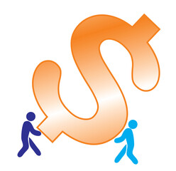 Vector illustration of a group of people working together to carry a gold dollar icon. The concept of cooperation to increase income and achieve target goals. The concept of investment and success.