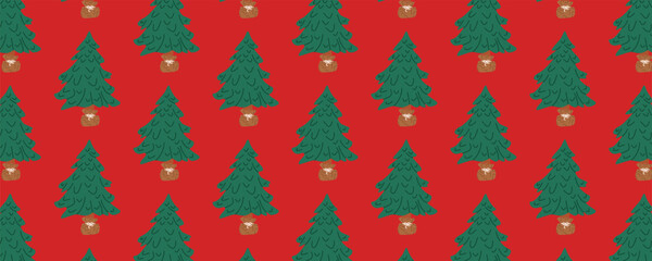 Seamless Christmas tree pattern on red background. Festive xmas wallpaper and winter holiday design
