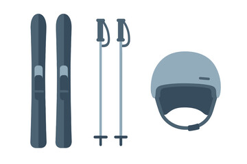 Essential winter sports gear including a pair of skis, ski poles, and a safety helmet