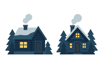 Cozy winter cabins in a snowy forest landscape with smoke rising from the chimneys