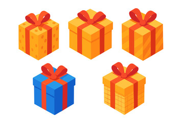 Five colorful isometric gift boxes with red bows and ribbons for celebration and holidays