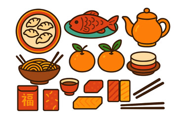 Traditional Chinese New Year feast elements with dumplings fish oranges and red packets
