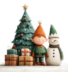 Christmas elf and snowman standing beside decorated tree with holiday gifts in snowy festive scene Generative AI