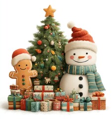 Gingerbread character and snowman with Santa hats and festive gifts by decorated Christmas tree in snowy scene Generative AI