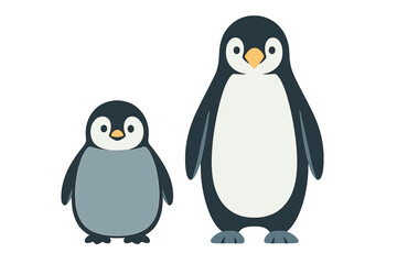 Cute cartoon adult penguin and baby chick standing together on a white background