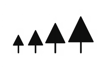 Black minimal tree icons increasing in size, showing growth, progress, and development concept on transparent background