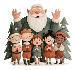 Santa Claus with elves and children posing in snowy forest during festive holiday season in whimsical illustration Generative AI