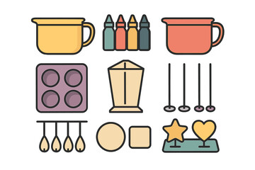 Set of candle making tools and supplies including pouring pot, dye bottles, molds, and wicks