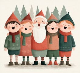 Santa Claus with elves and children posing in snowy forest during festive holiday season in whimsical illustration Generative AI