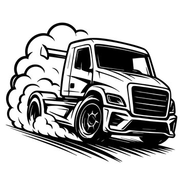 racing truck mid-drift with tire smoke and dynamic perspective