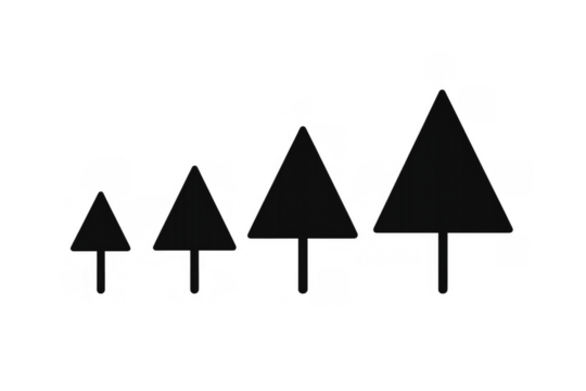 Black minimal tree icons increasing in size, showing growth, progress, and development concept on transparent background
