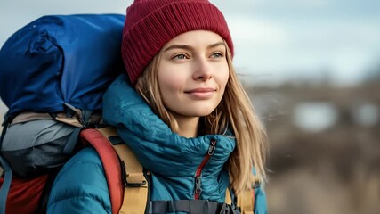 Woman Hiking in Mountains, Wearing Red Beanie, Blue Jacket and Backpack, Smiling With Eyes Closed