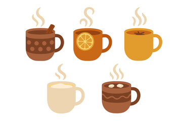 Cozy steaming mugs with hot chocolate, spiced cider, and warm seasonal beverages