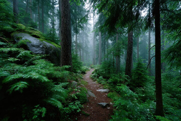 Obraz premium Path through a misty forest with lush greenery and tall trees in early morning light