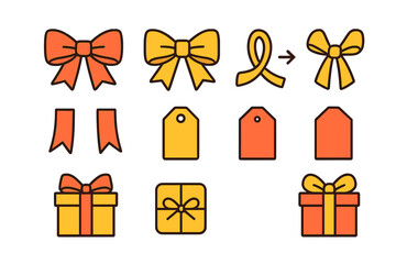 Colorful collection of gift bows, ribbons, tags, and wrapped present boxes