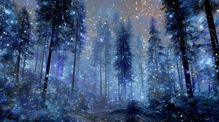 Magical Blue Forest with Shimmering Dust