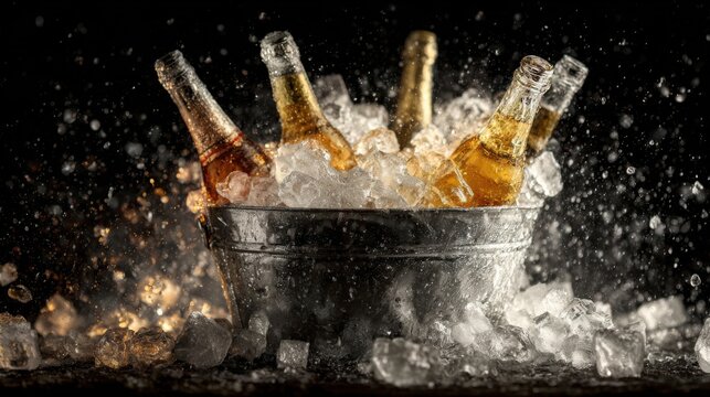 Cool drinks in a bucket filled with ice making a splash during a summer gathering - Powered by Adobe