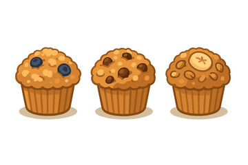 Assortment of baked goods featuring blueberry, chocolate chip, and banana nut muffins