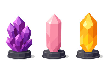 Set of three colorful faceted crystals or gemstones standing on dark round pedestals