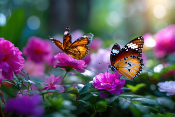 Obraz premium Colorful butterflies resting on vibrant flowers in a lush garden during daylight