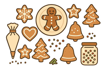 Festive collection of decorated gingerbread cookies including a man, snowflake, star, tree, and baking elements
