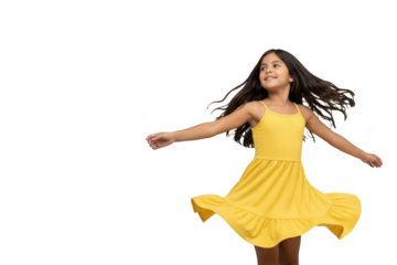 A young girl in a yellow dress is jumping joyfully, against transparent background